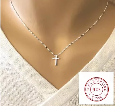 925 Sterling Silver Tiny Dainty Small Simple Minimalist Cross Necklace Pendant • $11.99