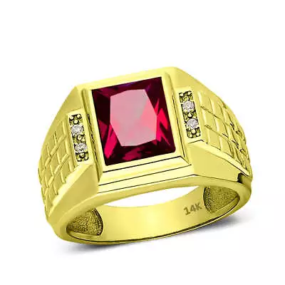 Solid 14K Yellow Gold Red Ruby Ring With 0.08ct Natural Diamonds Mens Fine Ring • $929