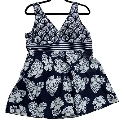 LC Kikit Bathing Suite One Pice V Neck Navy White Pineapple Flower Size Large • $18