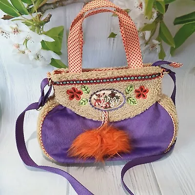 Vintage OILILY BAG Hand Shoulder Purple Fleece POMPOMS Lined Pretty Retro • £22