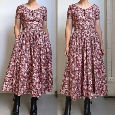 80s Vintage Laura Ashley Dress Short Sleeve Flared Skirt Floral Print Preppy • $125