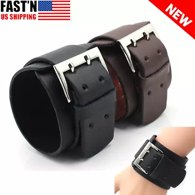 Men's Punk Rocker Biker Gothic Heavy Wide Leather Straps Wristband Cuff Bracelet • $8.99