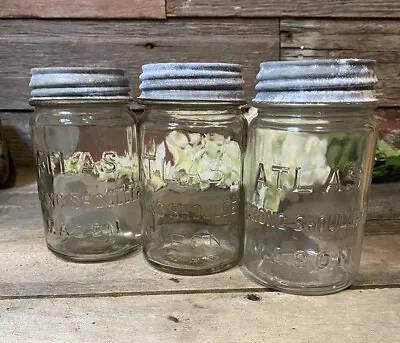 Vintage Mason Jars Lot Of 3 Atlas Strong Shoulder 3 Ball Lids Zinc Alloy Pint Sz • $20