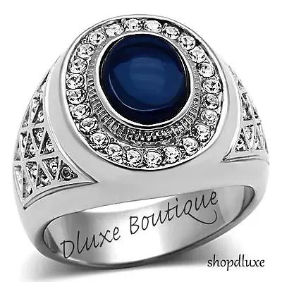 Men's Oval Cut Dark Blue Montana Dome Stone Silver Stainless Steel Ring Sz 8-14 • $18.99