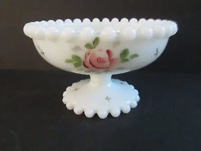 White Milk Glass Beaded Edge Footed Pink Roses Compote/candy/nut Bowl • $6.99