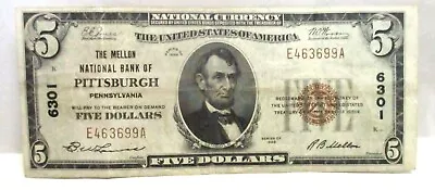 1929 $5 National Currency Note Mellon Bank Pittsburgh Pa Charter No. 6301 • $75