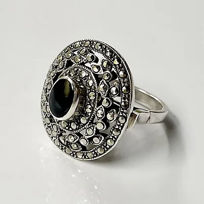 Massive Art Deco Style Sterling Silver 925 Black Stone Marcasite Halo Dome Ring • $79