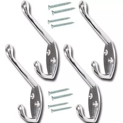 4x CHROME HAT & COAT HOOKS Hat/Coat/Robe Bathroom/Bedroom Wall/Door Peg Stand • £5.24