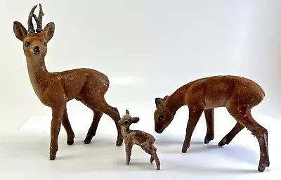 Vintage Set Of 3 Brown Rubber Flocked Deer Buck Doe Fawn Figurines • $15.99