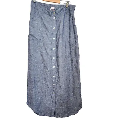 St Tropez West 100% Linen Skirt Women Size L Blue Button Front Pull On Side Slit • $20.40