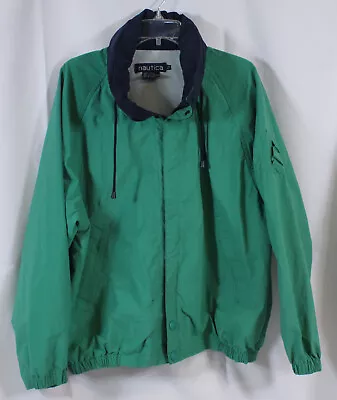 Vtg Nautica Coat Jacket 1990s Nylon Windbreaker Hidden Hood Green Navy Zip Up L • $51.26