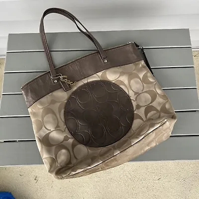 COACH Laura Signature Logo Tote Satin Leather Bag F18335 Gold Khaki / Brown • $39.99