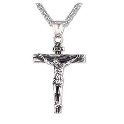 Mens Jesus Cross Cuban Twist Long Chain Pendant Necklace Silver/Gold Tone SH • £3.12