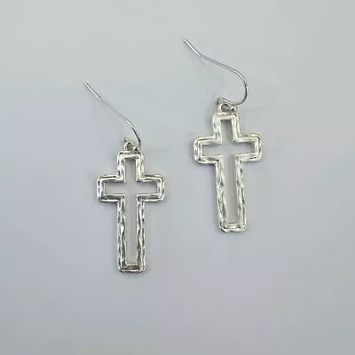 Matte Silver Colored Hammered Metal Outlined Cross Design Drop Dangle Earrings • $9.99