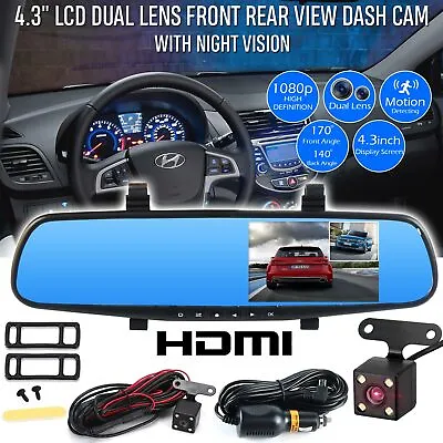 Dual Lens 4.3'' HD Car DVR Dash Cam Front And Rear Mirror Camera Video Recorder • £14.99