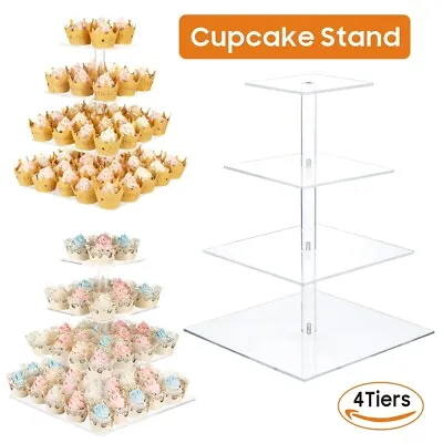 4 Tier Square Cup Cake Stand Wedding Birthday Party Acrylic Cupcake Display Xmas • £13.99