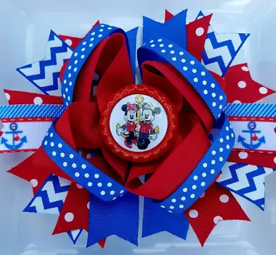 Mickey Minnie Mouse Anchor Disney Red White Blue Bottle Cap Hair Bow 5  • $4.95