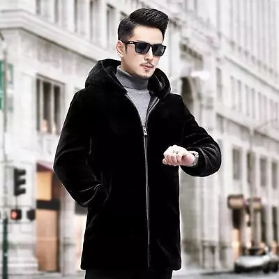 Mink Coat Men's Fur Coat Hooded Mink Fur Velvet High-end Fur Mid Length Jacket • $113.64