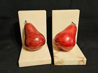 Beautiful Vintage Marble Bookends With Colorful Red Alabaster Pear Made In Italy • $69.99