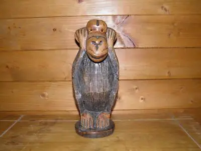 Vintage/Antique Hand Carved Oak Monkey With Glass Eyes - 26cm Tall • $185.52