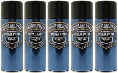 5x Hammerite SMOOTH BLACK Direct To Rust Metal Spray Paint Aerosol 400ml • £53.95