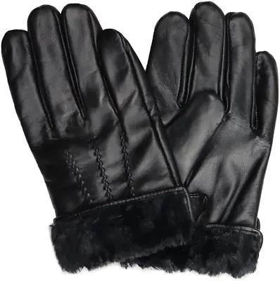 Soft Men'S Black Luxury Warm Genuine Fur Lined Leather Winter Gloves • $37.74