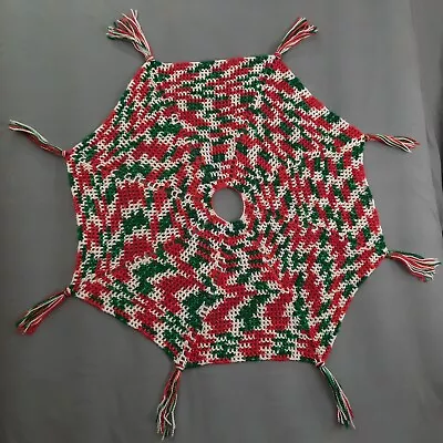 Vintage Handmade Crochet Christmas Tree Skirt Red White Green Silver Thread 35  • $14.99