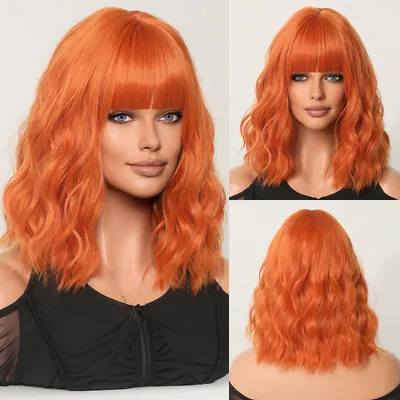 Wavy Orange Wig Women Girls Bangs Party Wigs UK Free Shipping Lolita Short Curly • £17.99