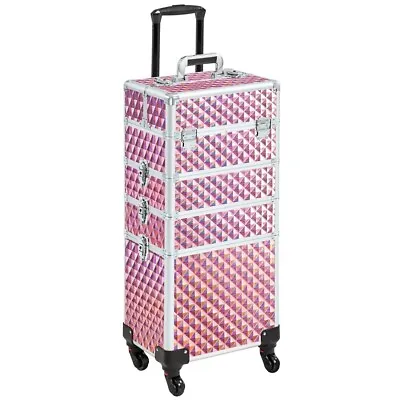 Pink Professional Makeup Case Rolling Cosmetology Case Aluminum Beauty Travel • $79