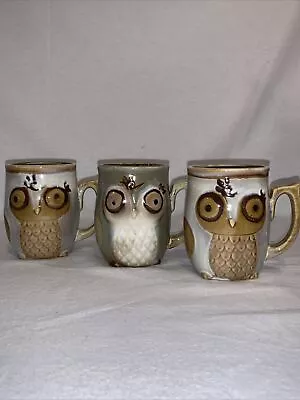 Set Of 3 Owl Coffee Mugs Cups Ceramic With Glossy Finish By Gibson Home • $19.99