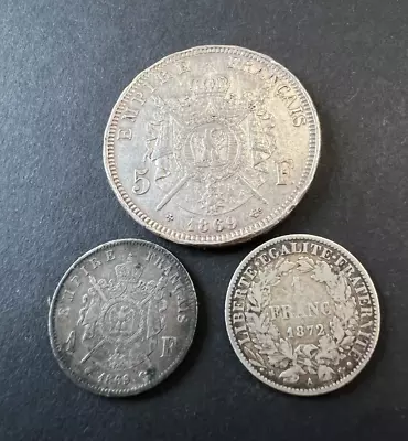 French Silver Napoleon III 5/ 1 Francs 1869  & Other 1872  1 Franc LOT: 2104-449 • £6.66