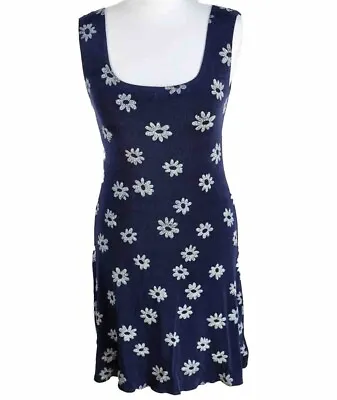 Vintage 90s Charlotte Halton Dress Daisy Floral Glitter Print Navy Blue UK 12 • £18.99