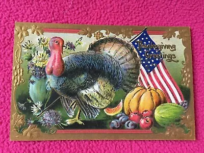 PATRIOTIC Vintage POSTCARD Turkey THANKGIVING GREETINGS Gold SPARKLES Flag  • $5.55