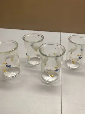 Set Of 4 BAMA Jelly Jars White Ducks Blue Bows Juice Glasses Vintage - 4  Tall • $18