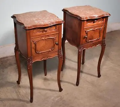 Pair Of Antique French Louis XV Nightstands In Walnut With Marble Tops • $1625