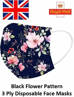 Dark Blue Flower Print Pattern Disposable Face Masks 3 Ply Surgical Face Covers • £2.09