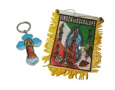 $9.35 • Buy Virgen De Guadalupe Mexico Mexican Flag Mini Banner Cross Rosary Keychain Keyfob