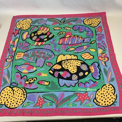 $19.99 • Buy Vintage Ken Done 1985 Multi-Color Group Of Fishes Silk Graphic Art Print Scarf!