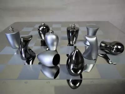 Modern Chess Set  Italian ? Brushed And Matt Stainless Steel + Board And Box • £59.99