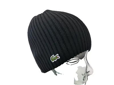 LACOSTE Luxury Wool Beanie Mens Black Ribbed Hat Embroidered Cap BNWT • £49.99