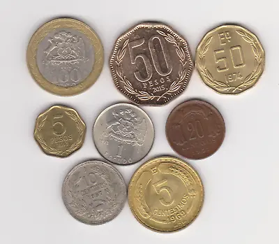 Chile Set Of 8 (1937-2015) 100/50/5/1 Pesos 50 Escudos 20/10/5 Centavos • $9.47