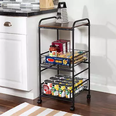3-Tier Rolling Kitchen Storage Cart With 2 Metal Basket Drawers Black/Brown • $30.80