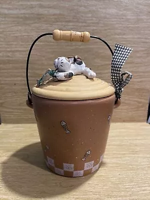 Fishing Cat Cookie Jar Pail With Handle Wooden Fish BS3 • $27.74