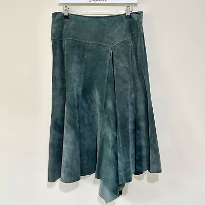 Vintage Monsoon Size 12 Suede Leather Asymmetric Skirt Fishtail Green Lined • £29.99
