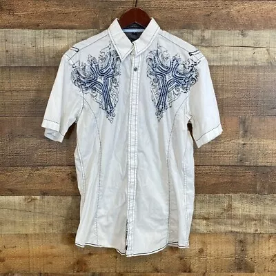 Roar Button Up Shirt Mens Size Small Cream Ivory Embroidered Cross Grunge 2000s • $35.20