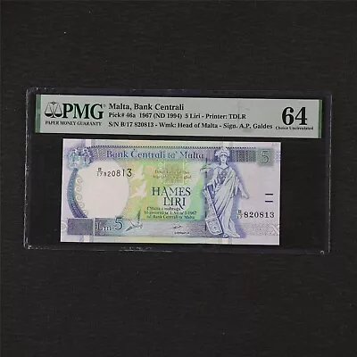 1967 Malta Bank Centrali 5 Lira Pick#46a PMG 64 Choice UNC • $0.99