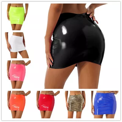 Womens Glossy Patent Leather Bodycon Miniskirt Club Music Festival Pencil Skirts • £5.99