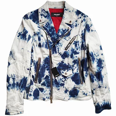 DSQUARED2 Biker Jean Jacket Tie Dye Denim Jacket Blue Size 48 - RP £975.00 • $719.90