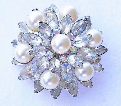 Vintage 1950s Massive Chunky Rhinestone Pearl Stacked Brooch Pin • $20