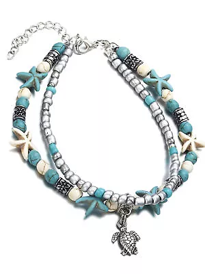 Layered Starfish & Sea Turtle Boho Anklet Bracelet • $21.99
